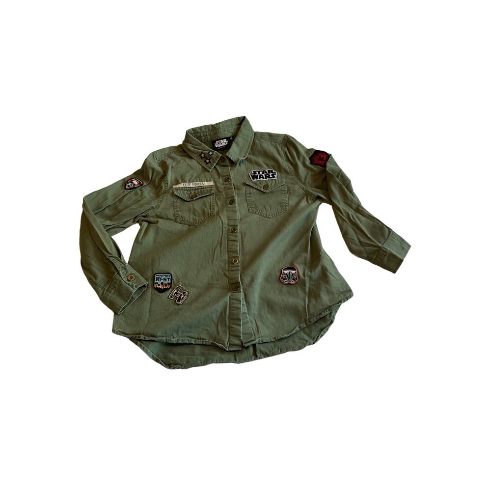 Star Wars Olive Green Button-Up Shirt With Fun Patches Size M 100% Cotton For Ad